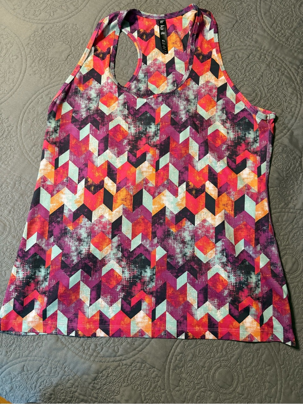 Geometric Print Racerback Tank Top — purple-black-orange-multi colored